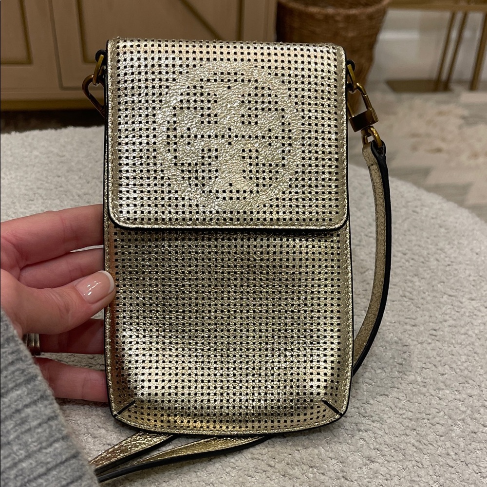 Tory Burch Gold Metallic Perforated Crossbody Phone Pouch